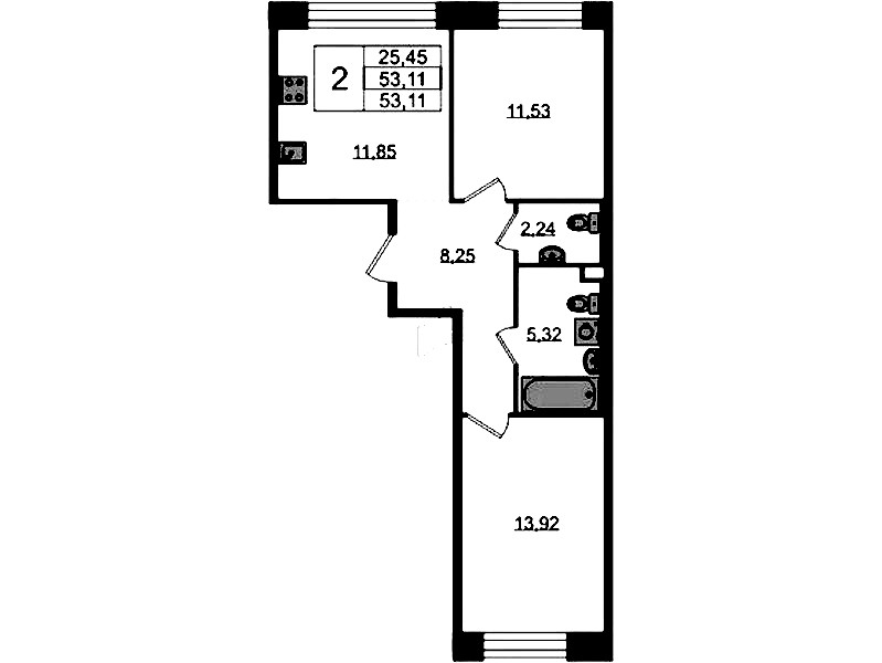 2-комнатная квартира 53.11 м², 2/5 эт., ЖК «Plus Пулковский»